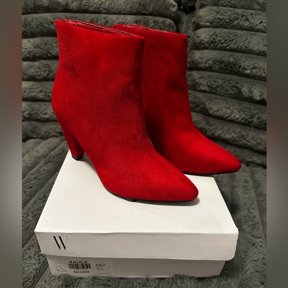 Shoes - Dream Pairs Red Suede Pointed Toe Ankle Booties Size 7 Statement Heel
